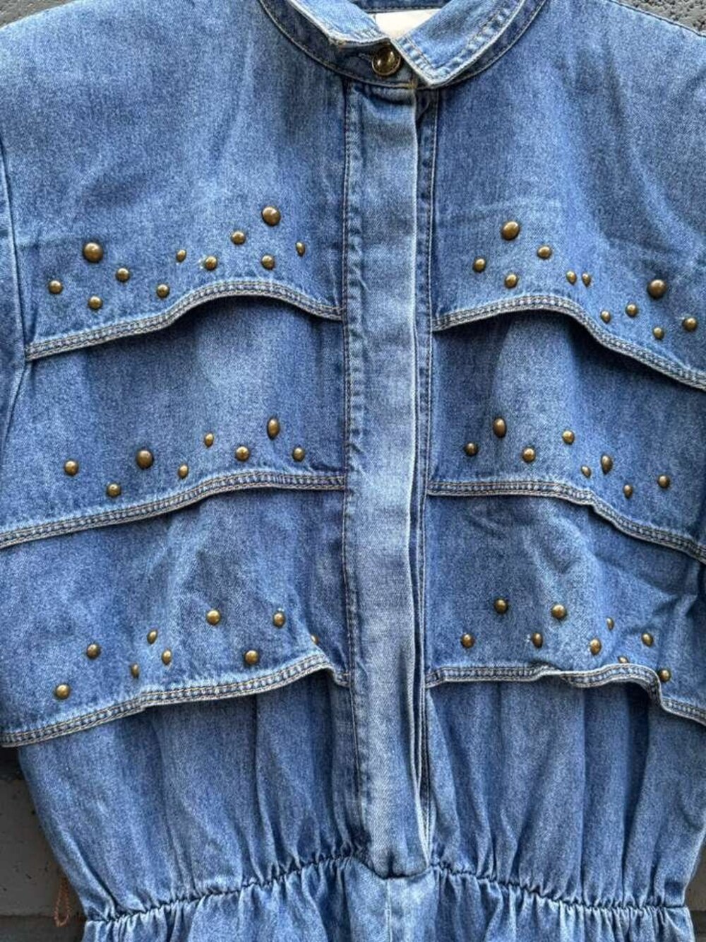 VTG 80s USA Made Nina Piccalino Denim Dress A line Studded Padded Shoulder Rodeo - Picture 3 of 16